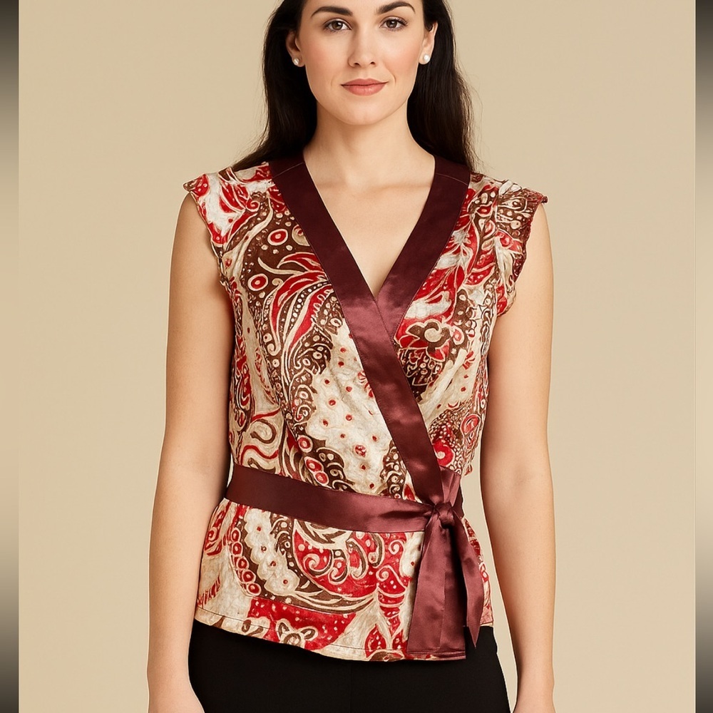 - BCBG vintage 90’s silky wrap paisley top Asian inspired blouse y2K